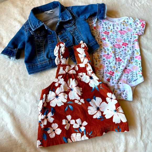 Cat & Jack Other - Baby Girl Bundle – Sz 0-6 Months | Denim Jacket, Corduroy Dress & Floral Onesie